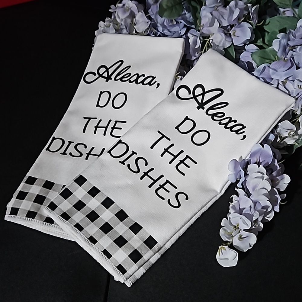 Set  of 2 Black & White Kitchen Towels "Alexa Do The Dishes" NWOT
